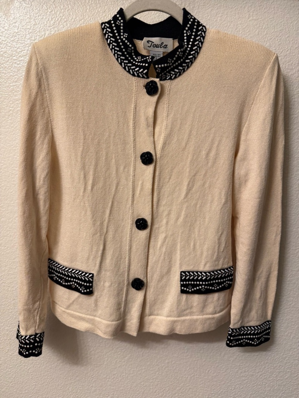 Vintage Wool Toula Cream Knit Cardigan with Black Trim